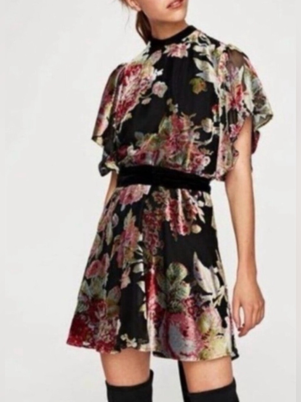 Zara Devore Black Floral Velvet Burnout Dress Size XS Fairy Grunge Whimsigoth